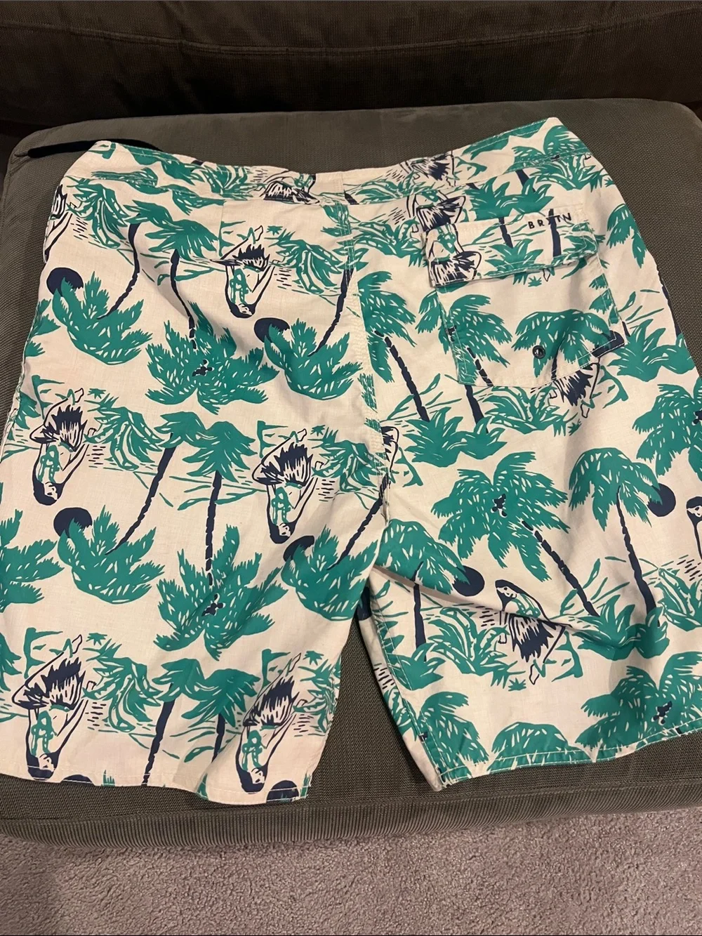 Brixton Cream Swim Shorts with Teal Palm Print and Navy Trim